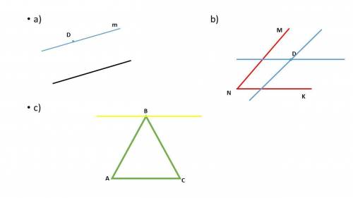 Начертите прямую m, отметьте вне её точку D. Проведите через точку D прямую, параллельную прямой m.