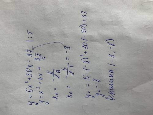 Найдите координаты вершины параболы y=5x^2+30x+37