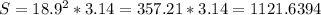 S=18.9^2*3.14=357.21*3.14=1121.6394