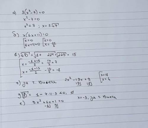 1) Решите уравнение: а) 3х^2 - 21 = 0; б) 6х^2 + 11х = 0; в)х^2 + х - 56 = 0; г) 2х^2 - 19х + 9 = 0;