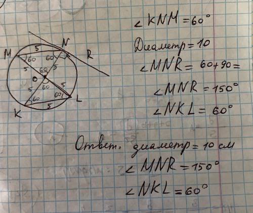 Дано: MN=KL=5см;∢KNM=60°. Найти: диаметр см; ∢MNR= °; ∢NKL= °.