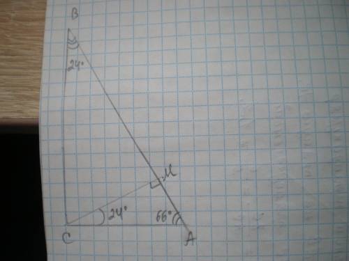 Кут між висотою CM і катетом CA прямокотного трикутника abc (кут c 90 градусів) дорівнюе 24 градуси.
