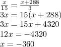 \frac{x}{15} =\frac{x+288}{3} \\3x=15(x+288)\\3x = 15x+4320\\12x = -4320\\x = - 360\\