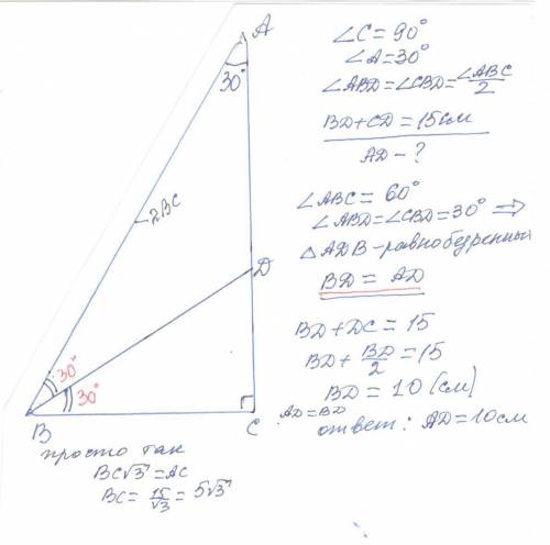 В треугольнике ABC известно, что ∠C = 90°, ∠A = 30°. Биссектриса угла B пересекает катет AC в точке
