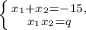 \left \{ {{x_1+x_2=-15,} \atop {x_1x_2=q}} \right.