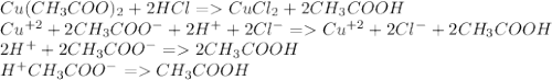 Cu(CH_3COO)_2+2HCl=CuCl_2+2CH_3COOH\\Cu^{+2}+2CH_3COO^-+2H^++2Cl^-=Cu^{+2}+2Cl^-+2CH_3COOH\\2H^++2CH_3COO^-=2CH_3COOH\\H^+CH_3COO^-=CH_3COOH