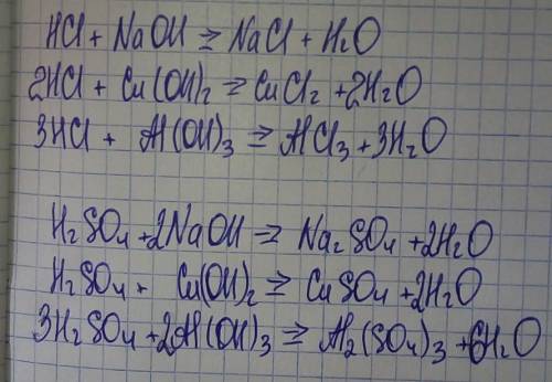 Составьте уравнения реакций хлоридной и сульфатной кислот с основаниями заранее