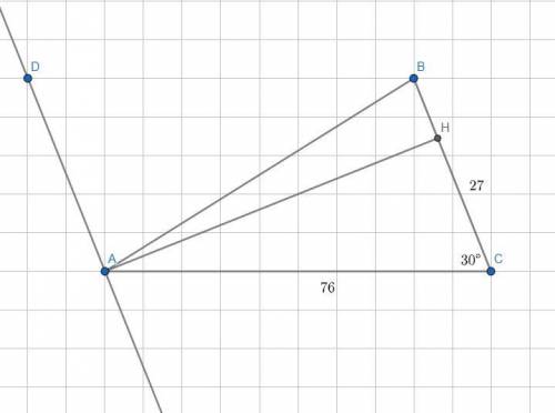 B треугольнике ABC угол C = 30°, AC = 76 см, BC = 27 см. Через вершину А проведена прямая а, паралле