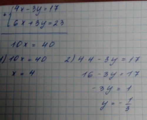 Решить систему уравнений в сложения 4х-3у=17 6х+3у=23