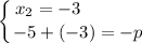 \displaystyle \left \{ {{x_{2} = -3 \ \ \ \ \ \ \ \ \ \ } \atop {-5 + (-3) = -p }} \right.