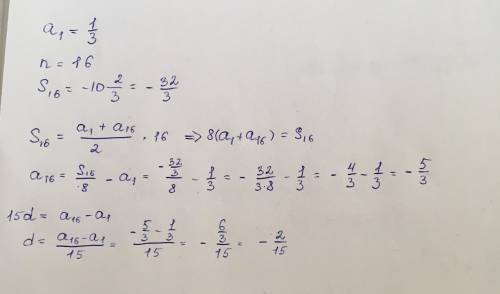 Найдите an и d арифметической прогресии у которой a1= 1/3 , n=16 ,S16 = -10 2/3