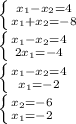 \left\{{{x_{1}-x_{2}=4}\atop{x_{1}+x_{2}=-8}}\right.\\\left\{{{x_{1}-x_{2}=4}\atop{2x_{1}=-4}}\right.\\\left\{{{x_{1}-x_{2}=4}\atop{x_{1}=-2}}\right.\\\left\{{{x_{2}=-6}\atop{x_{1}=-2}}\right.