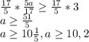 \frac{17}{5}*\frac{5a}{17} \geq \frac{17}{5} *3 \\a\geq \frac{51}{5} \\a\geq 10\frac{1}{5} , a\geq 10,2 \\