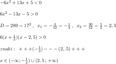 -6x^2+13x+50\\\\D=289=17^2\; ,\; \; x_1=-\frac{4}{12}=-\frac{1}{3}\; ,\; \; x_2=\frac{30}{12}=\frac{5}{2}=2,5\\\\6(x+\frac{1}{3})(x-2,5)0\\\\znaki:\; \; +++(-\frac{1}{3})---(2,.5)+++\\\\x\in (-\infty ;-\frac{1}{3})\cup (2,5\, ;\, +\infty )