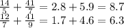 \frac{14}{5} + \frac{41}{7} = 2.8 + 5.9 = 8.7 \\ \frac{12}{7} + \frac{41}{9} = 1.7 + 4.6 = 6.3