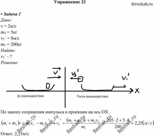 Задача. С кормы лодки массой 300 кг, движущейся с некоторой скоростью сбрасывают груз массой 50 кг с