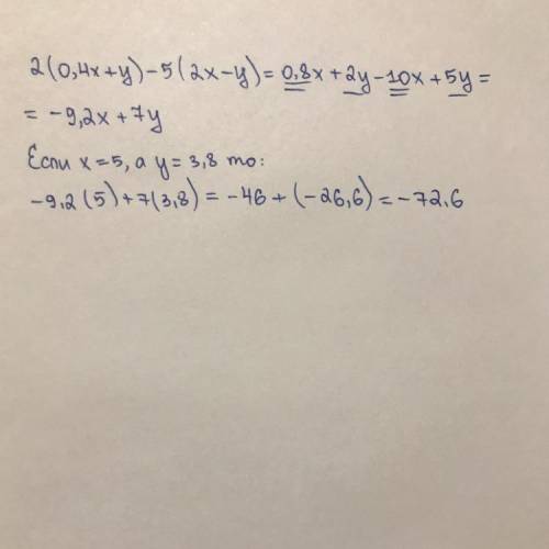 У выражение 2(0,4x+y)−5(2x−y) и найди его значение, если x=5 и y=3,8. ответ: получилось выражение x
