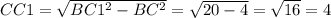 CC1=\sqrt{BC1^2-BC^2} =\sqrt{20-4} =\sqrt{16} =4