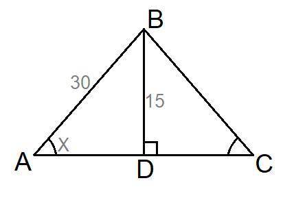 Треугольник АВС равнобедренный. АВ=30 см, ВD=15 см. Найти величину угла АВС. В ответ записать число