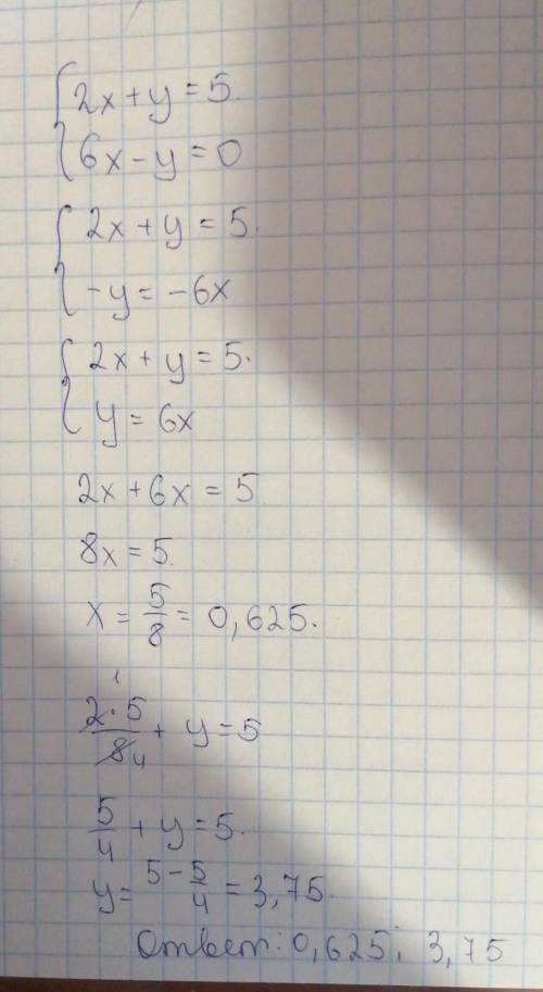 Найди значение переменной х, если { 2х+у=5 6х-у=0​