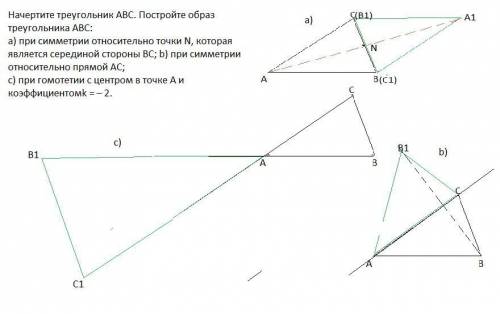 Накресліть трикутник ABC. Побудуйте образ трикутника ABC: a) при симетрії відносно точки N, яка є се