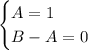 \begin{cases} A=1 \\ B-A=0 \end{cases}