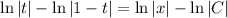 \ln|t|-\ln|1-t|=\ln|x|-\ln|C|