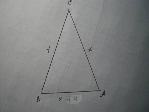 Дано: ΔABC,CB=CA. Основание треугольника на 4 м больше боковой стороны. Периметр треугольника ABC ра