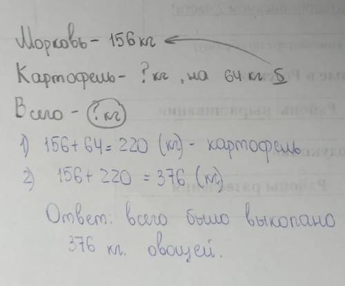 2 класс математика в огороде выкопали 156кг моркови и на 64 кг больше картофеля,сколько всего овощей