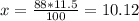 x=\frac{88*11.5}{100} =10.12