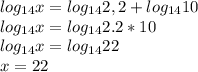 log_{14}x=log_{14}2,2+log_{14}10\\log_{14}x=log_{14}2.2*10\\log_{14}x=log_{14}22\\x=22