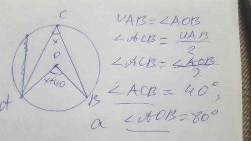 Центральный угол AOB на 40 градусов больше вписанного угла ACB, опирающегося на дугу AB. Найдите каж