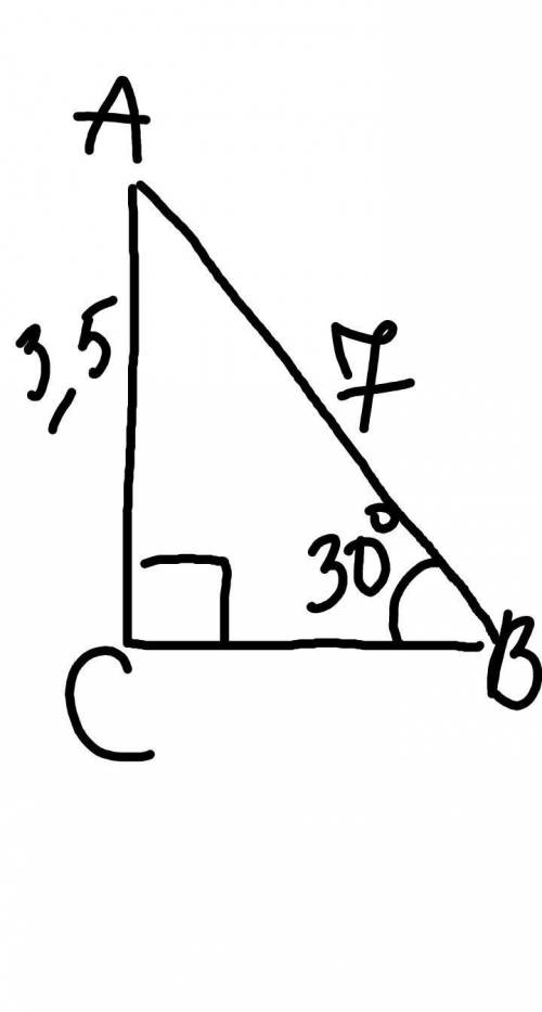 В прямоугольном треугольнике катет равен 3,5 см, гипотенуза 7см. Вычислить углы треугольника. Сделат