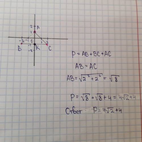 решить Найти периметр треугольника с вершинами А(0,1), В(-2,-1), С(2,1)