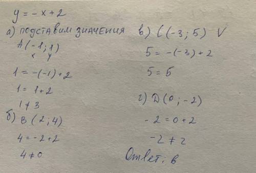 1. Выберите точку, принадлежащую графику функции y = 2 – х:а) А(-1;1);б) B(2;4);в) C(-3; 5);г