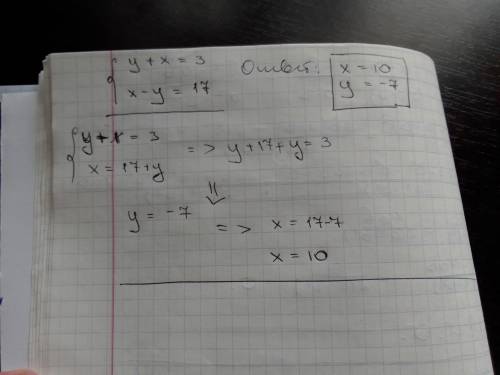 Реши систему уравнений: {y+x=3 {x−y=17