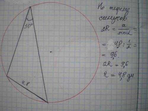 Один из углов треугольника равен 30° ,а противолежащая ему сторона равна 4,8 дм. Найдите радиус опис