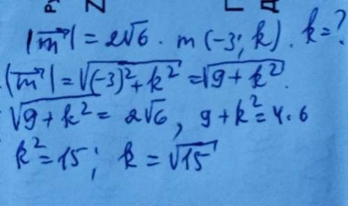 Дан вектор m, абсолютная величина которого равна 2√6. Известно, что вектор m(-3;k). Найдите k