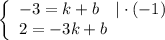 \left\{ \begin{array}{ll}-3=k+b\; \: \; \: |\cdot (-1)\\2=-3k+b\end{array}