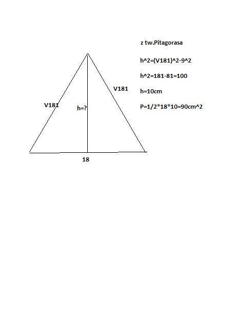Бічна сторона рівнобедреного трикутника дорівнює корень из 181. основа 18 см обчисліть площу даного