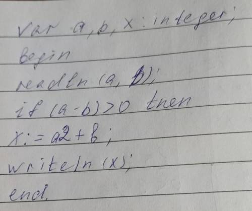 очень составить программу по информатике в тетрадь: дано a,b.если a-b>0 тоX:=a2+b. ​