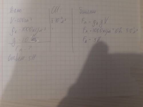 Тело объемом 500 см3 погружено в воду. Вычис­лите архимедову силу, действующую на это тело. Плотност