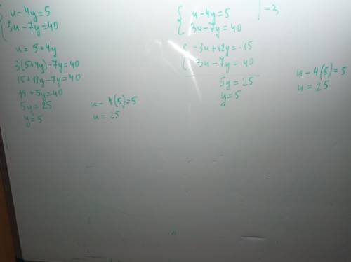 Розв'яжи систему рівнянь алгебраїчного додавання: {u−4y=5,3u−7y=40 Відповідь: u= ,y= .