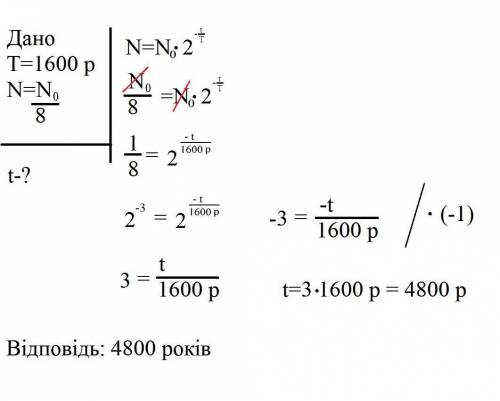 Період напіврозпаду Радію становить 1600 років.Через який час число атомів Радію зменшиться у 8 разі