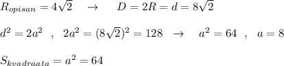 R_{opisan}=4\sqrt2\ \ \ \to \ \ \ \ D=2R=d=8\sqrt2\\\\d^2=2a^2\ \ ,\ \ 2a^2=(8\sqrt2)^2=128\ \ \to \ \ \ a^2=64\ \ ,\ \ a=8\\\\S_{kvadraata}=a^2=64