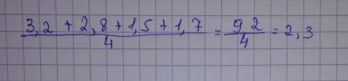 Знайдіть середнє арифметичне чисел 1,5; 2,8; 3,2; 1,7 ответы: 2,15 2,3 4,6 9,2