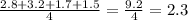 \frac{ 2.8 + 3.2 + 1.7 + 1.5}{4} = \frac{9.2}{4} = 2.3