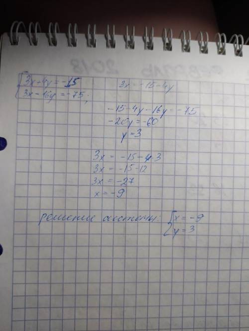 Решите систему уравнений методом подстановки. {3x+4y=−15,3x−16y=−75 ​