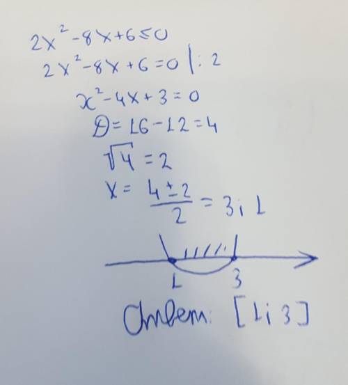 Решить неравенство: 〖2x〗^2-8x+6≤0