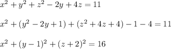 x^2+y^2+z^2-2y+4z=11\\ \\ x^2+(y^2-2y+1)+(z^2+4z+4)-1-4=11\\ \\ x^2+(y-1)^2+(z+2)^2=16